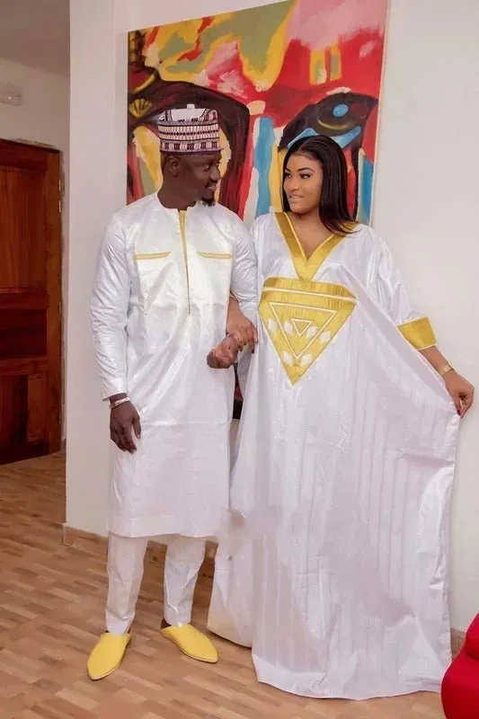 African Fashion: Agbada Embroidery Design Long Dress for Women and Couples