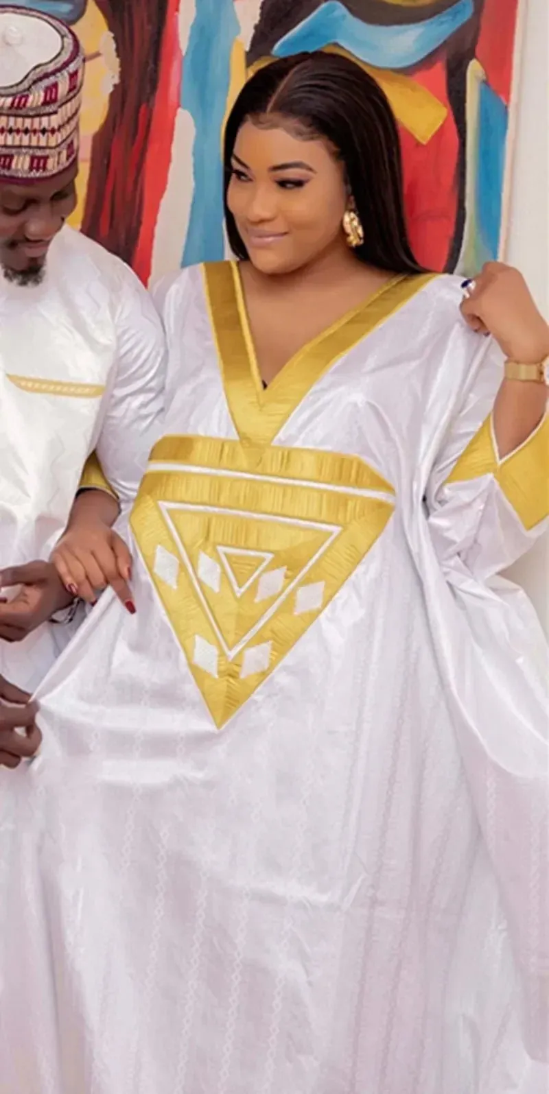African Fashion: Agbada Embroidery Design Long Dress for Women and Couples