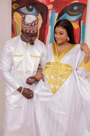 African Fashion: Agbada Embroidery Design Long Dress for Women and Couples