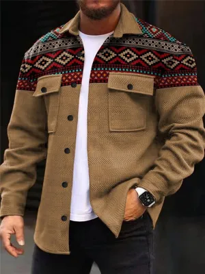 Alohadaddy Retro Geometric Corduroy Ethnic Graphics 3D Digital Printing Men's Workwear Pocket Jacket Coat