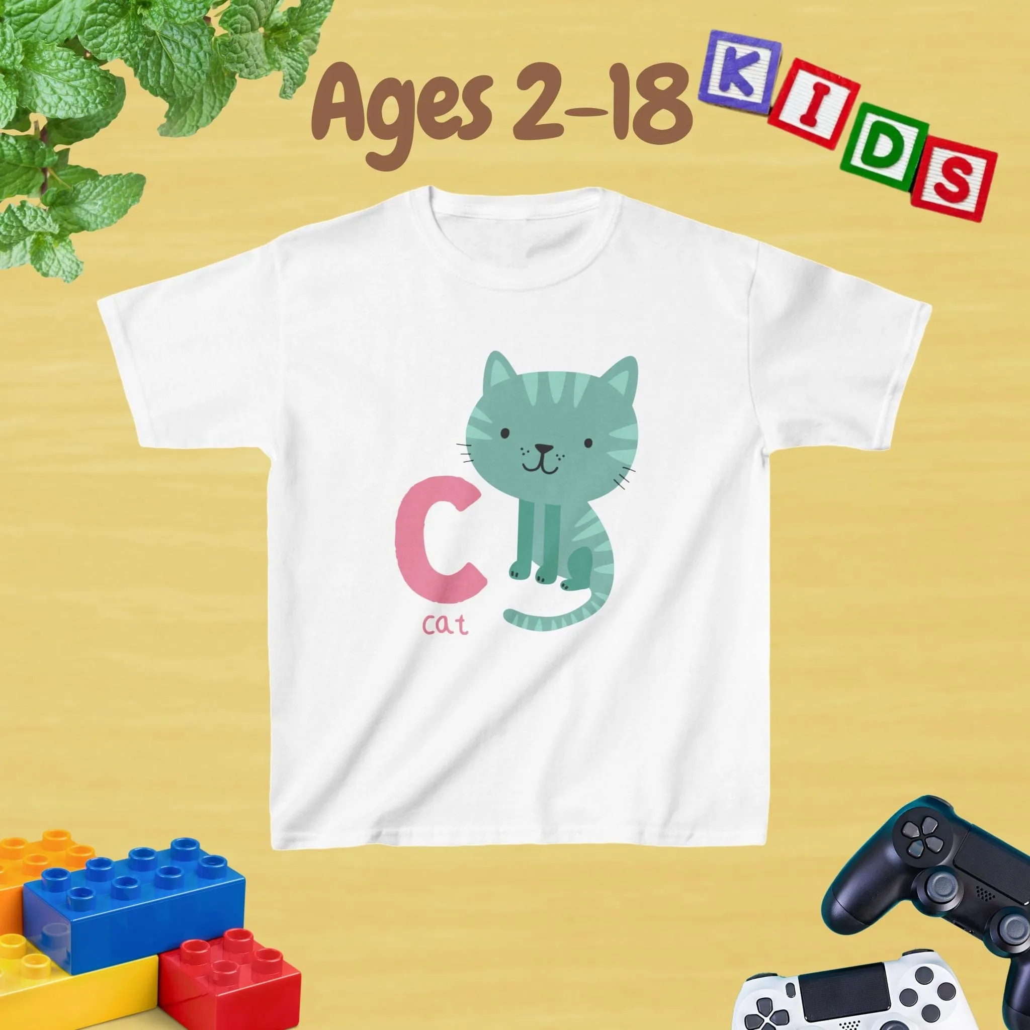 Animal Alphabet - C for Cat Unisex Kids Tee - Graphic Alphabet Tee for Kids Age 2-18