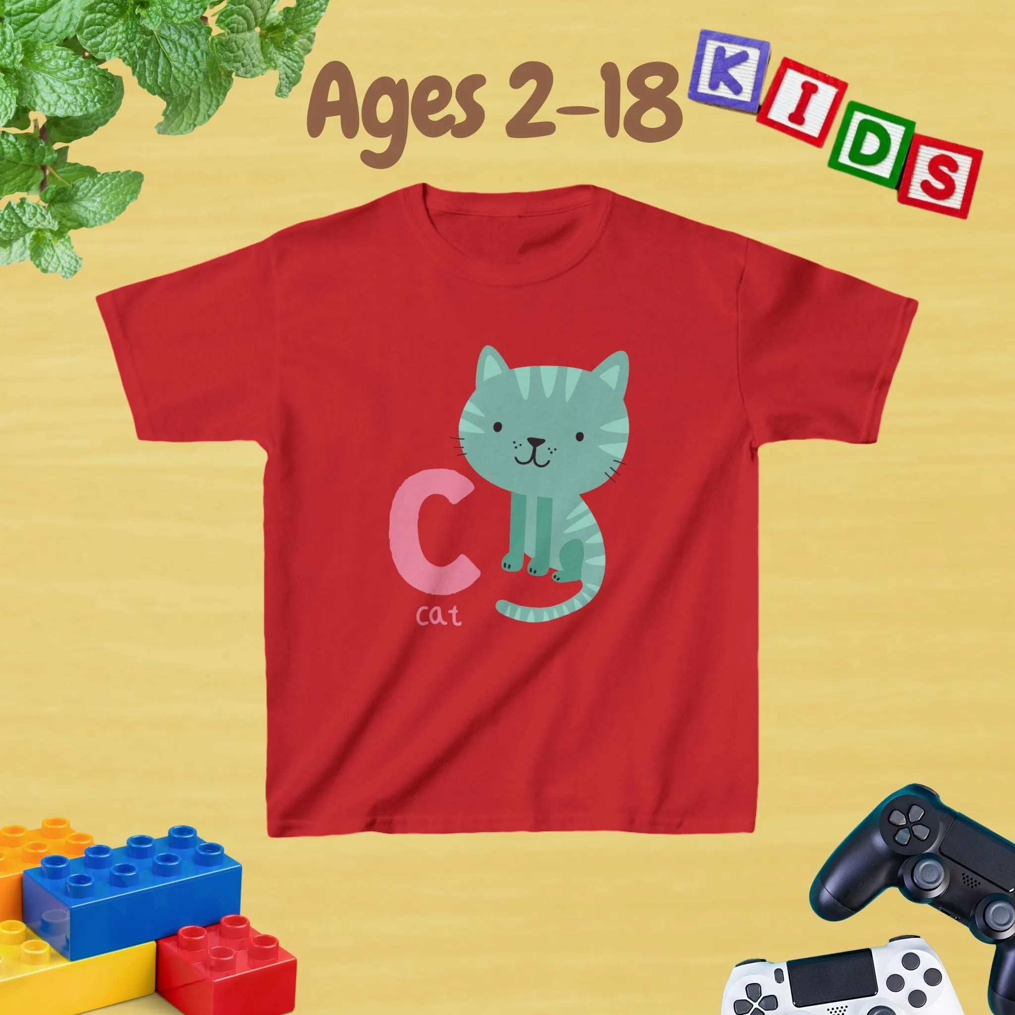Animal Alphabet - C for Cat Unisex Kids Tee - Graphic Alphabet Tee for Kids Age 2-18