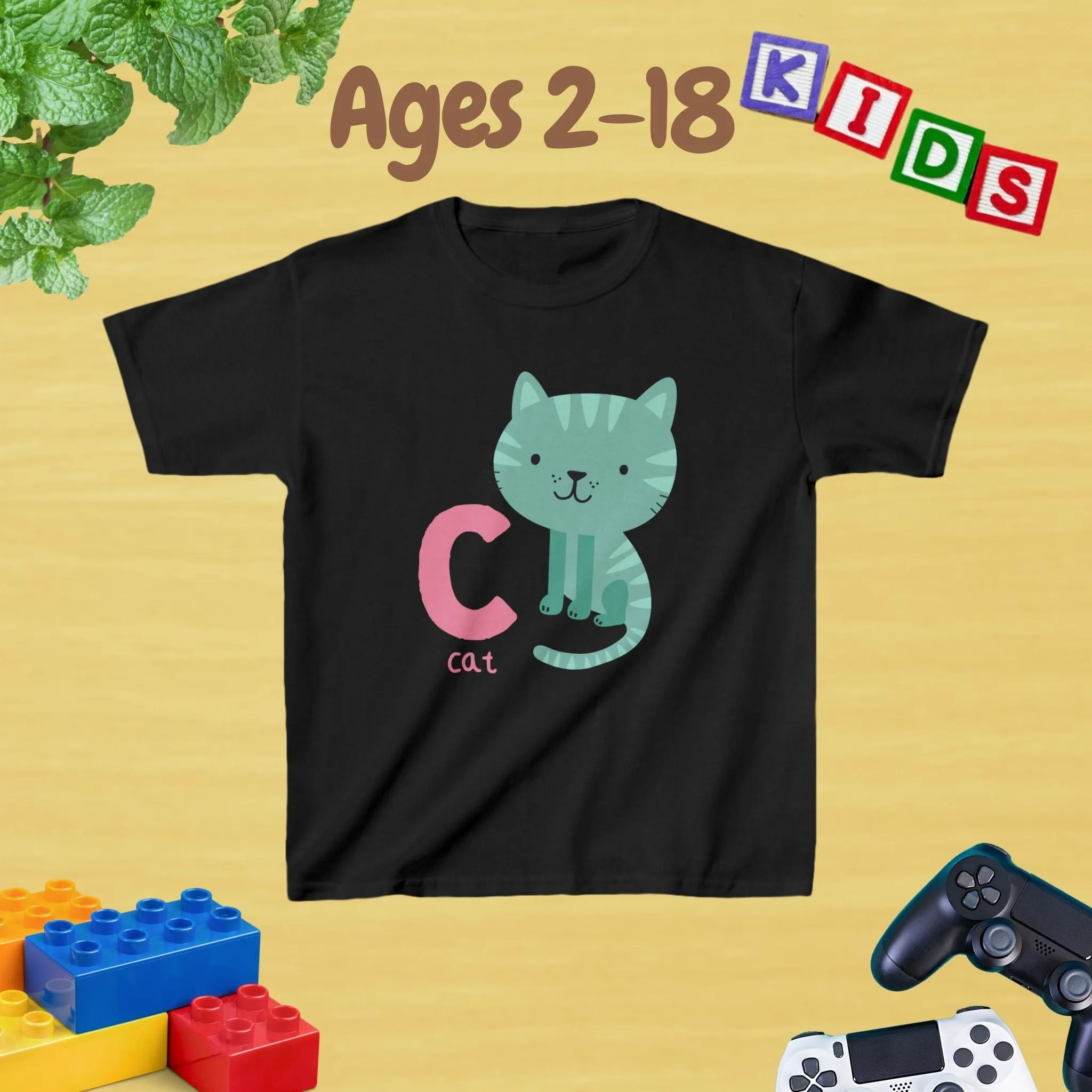 Animal Alphabet - C for Cat Unisex Kids Tee - Graphic Alphabet Tee for Kids Age 2-18