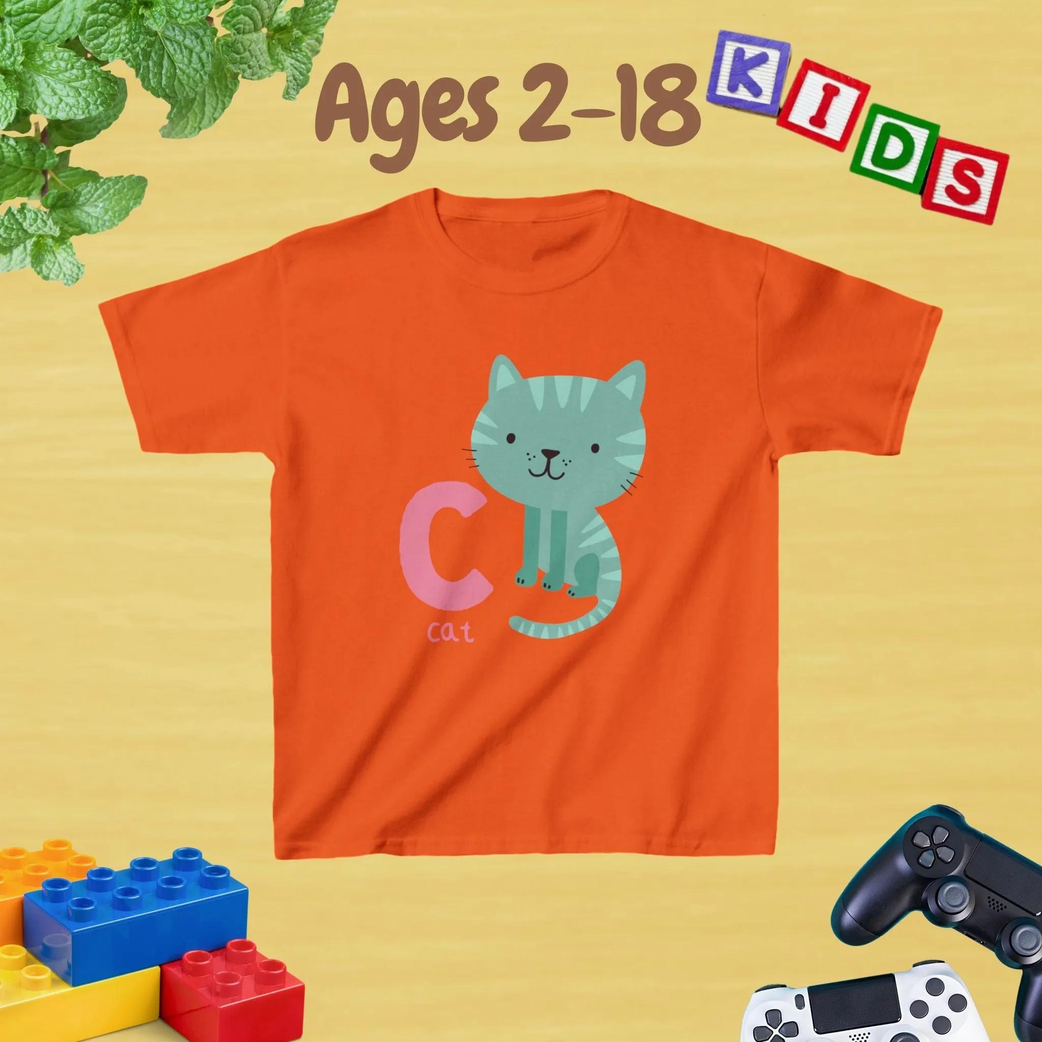 Animal Alphabet - C for Cat Unisex Kids Tee - Graphic Alphabet Tee for Kids Age 2-18