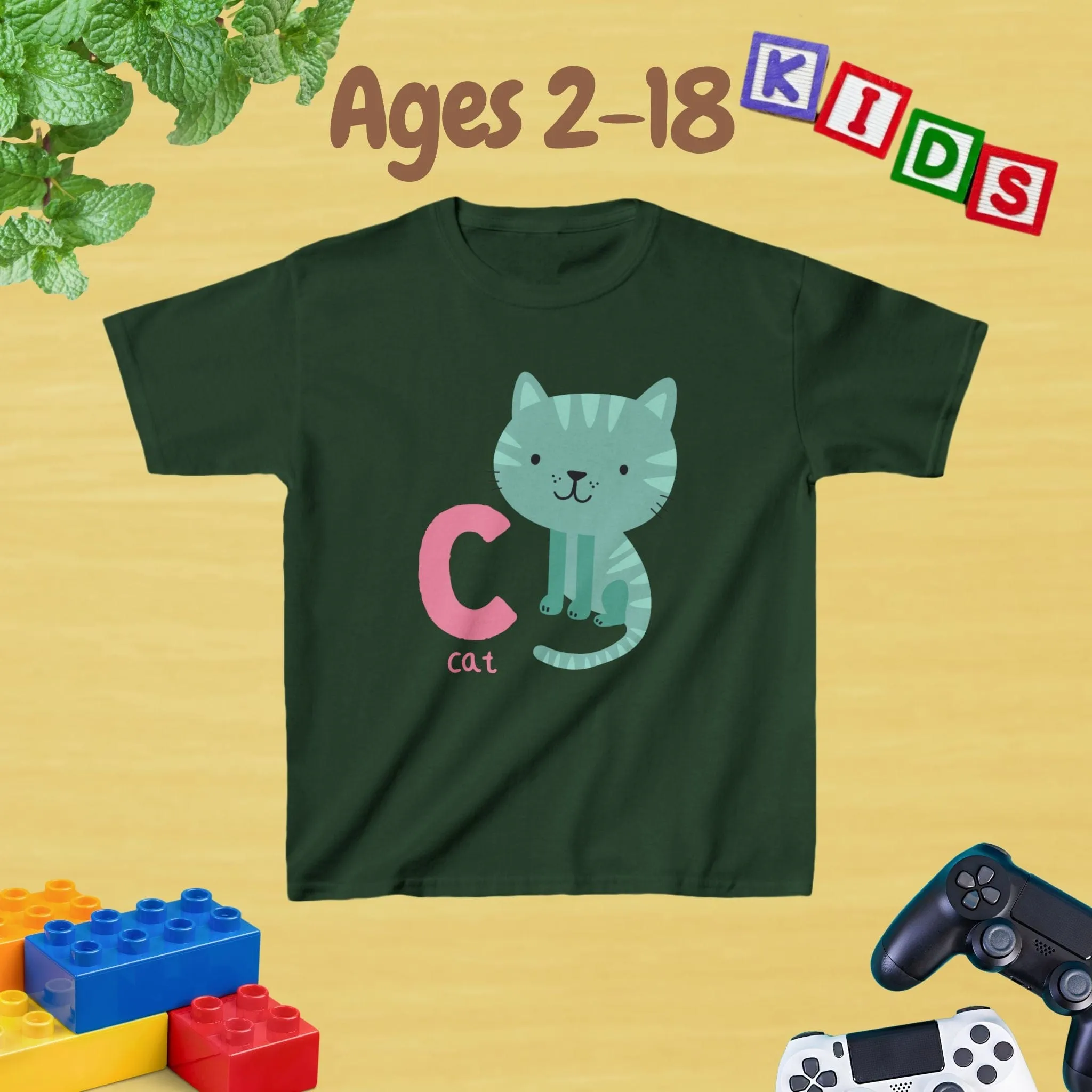 Animal Alphabet - C for Cat Unisex Kids Tee - Graphic Alphabet Tee for Kids Age 2-18