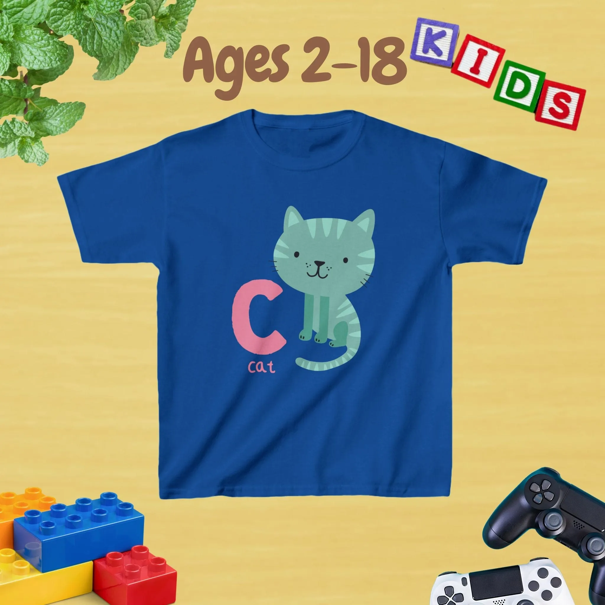 Animal Alphabet - C for Cat Unisex Kids Tee - Graphic Alphabet Tee for Kids Age 2-18