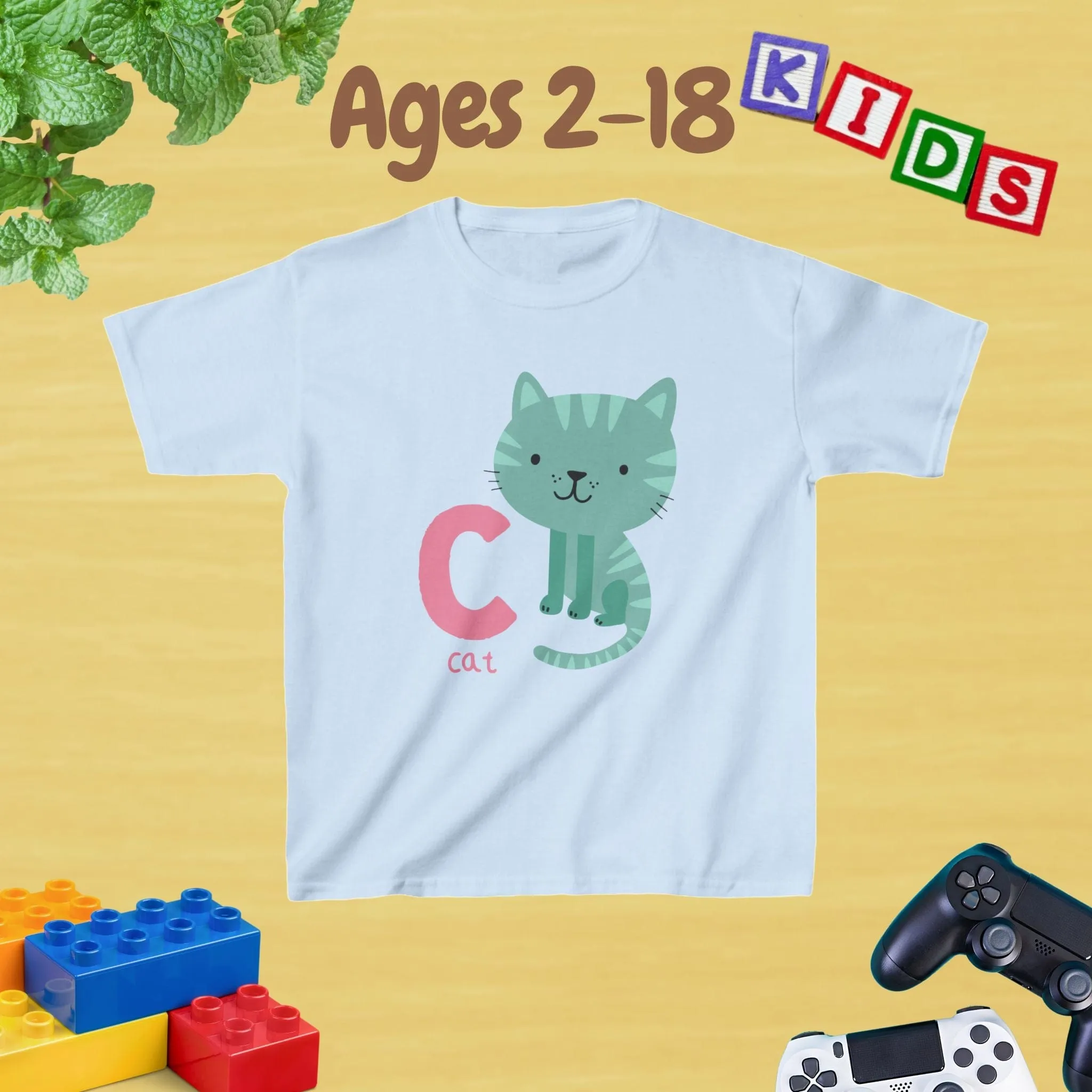Animal Alphabet - C for Cat Unisex Kids Tee - Graphic Alphabet Tee for Kids Age 2-18