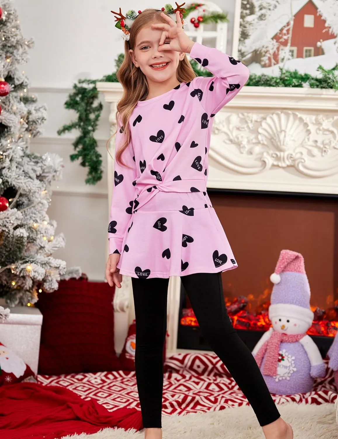 Arshiner Girls Skirt Set Casual Heart Print Twist Front Tops and Pant Skirts