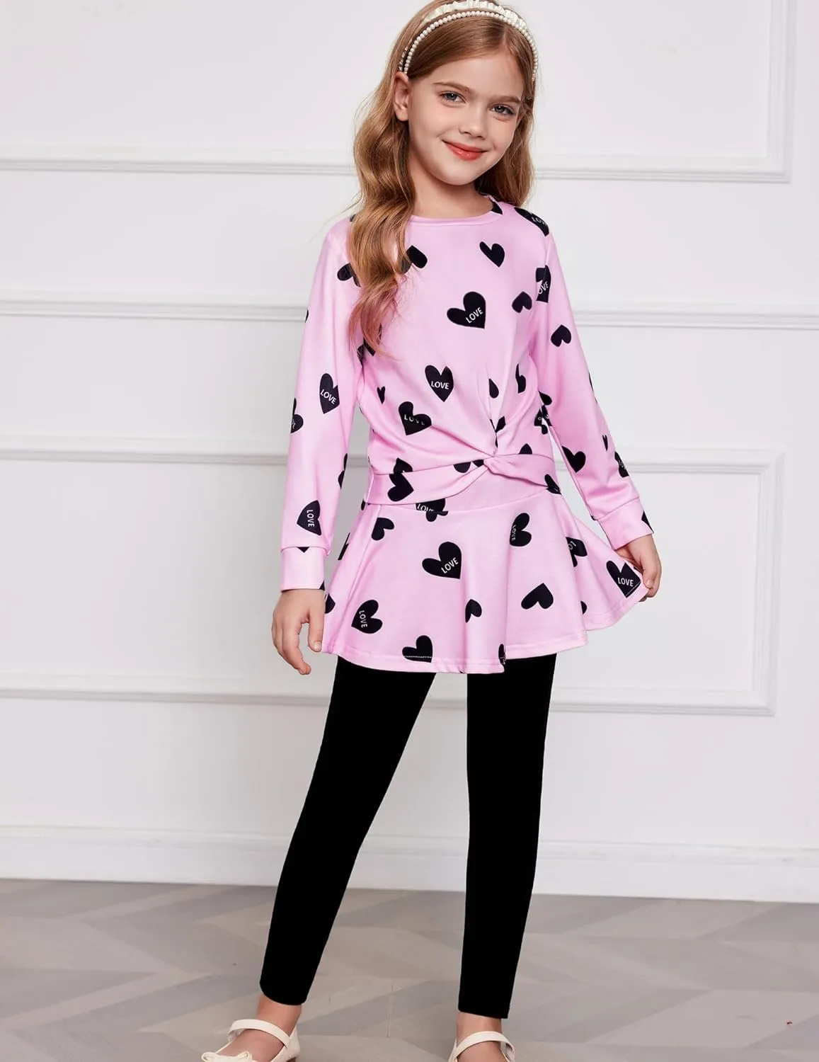 Arshiner Girls Skirt Set Casual Heart Print Twist Front Tops and Pant Skirts