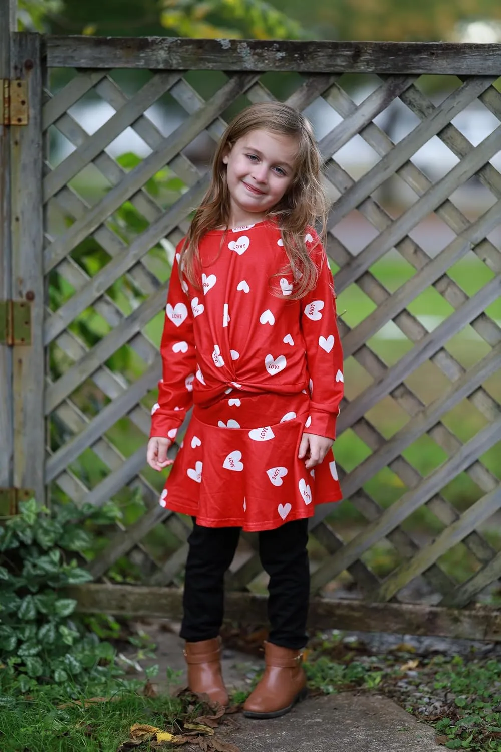 Arshiner Girls Skirt Set Casual Heart Print Twist Front Tops and Pant Skirts