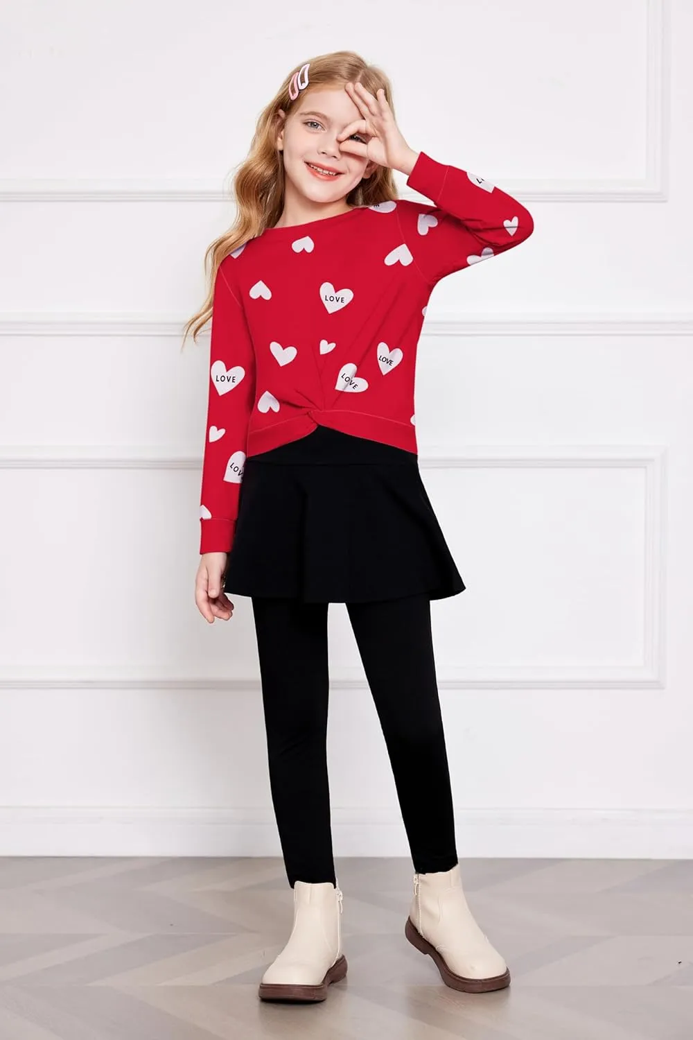 Arshiner Girls Skirt Set Casual Heart Print Twist Front Tops and Pant Skirts