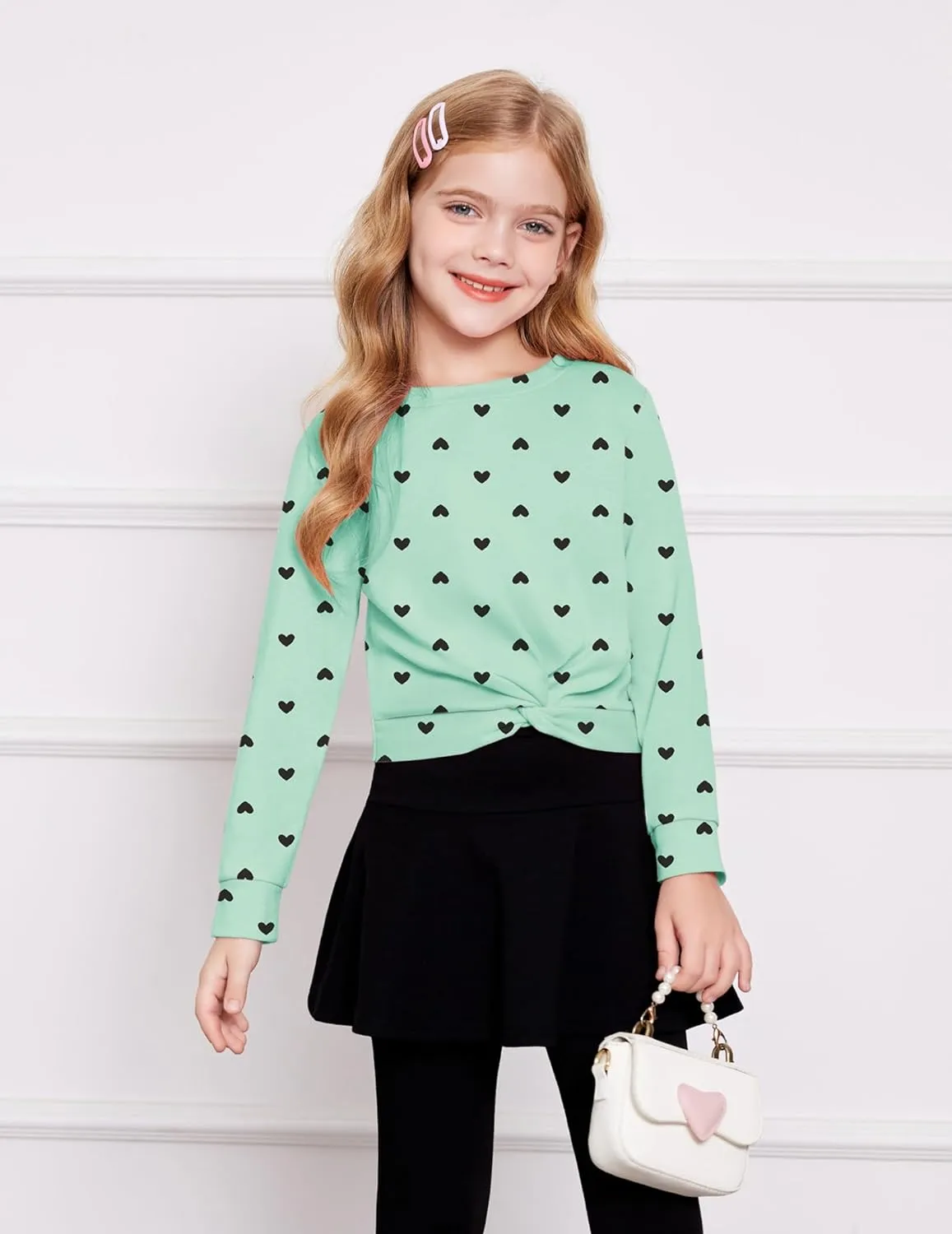 Arshiner Girls Skirt Set Casual Heart Print Twist Front Tops and Pant Skirts