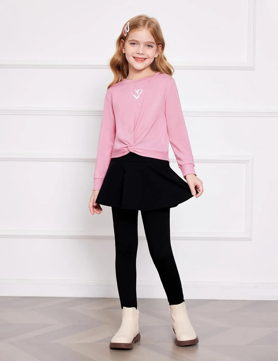 Arshiner Girls Skirt Set Casual Heart Print Twist Front Tops and Pant Skirts