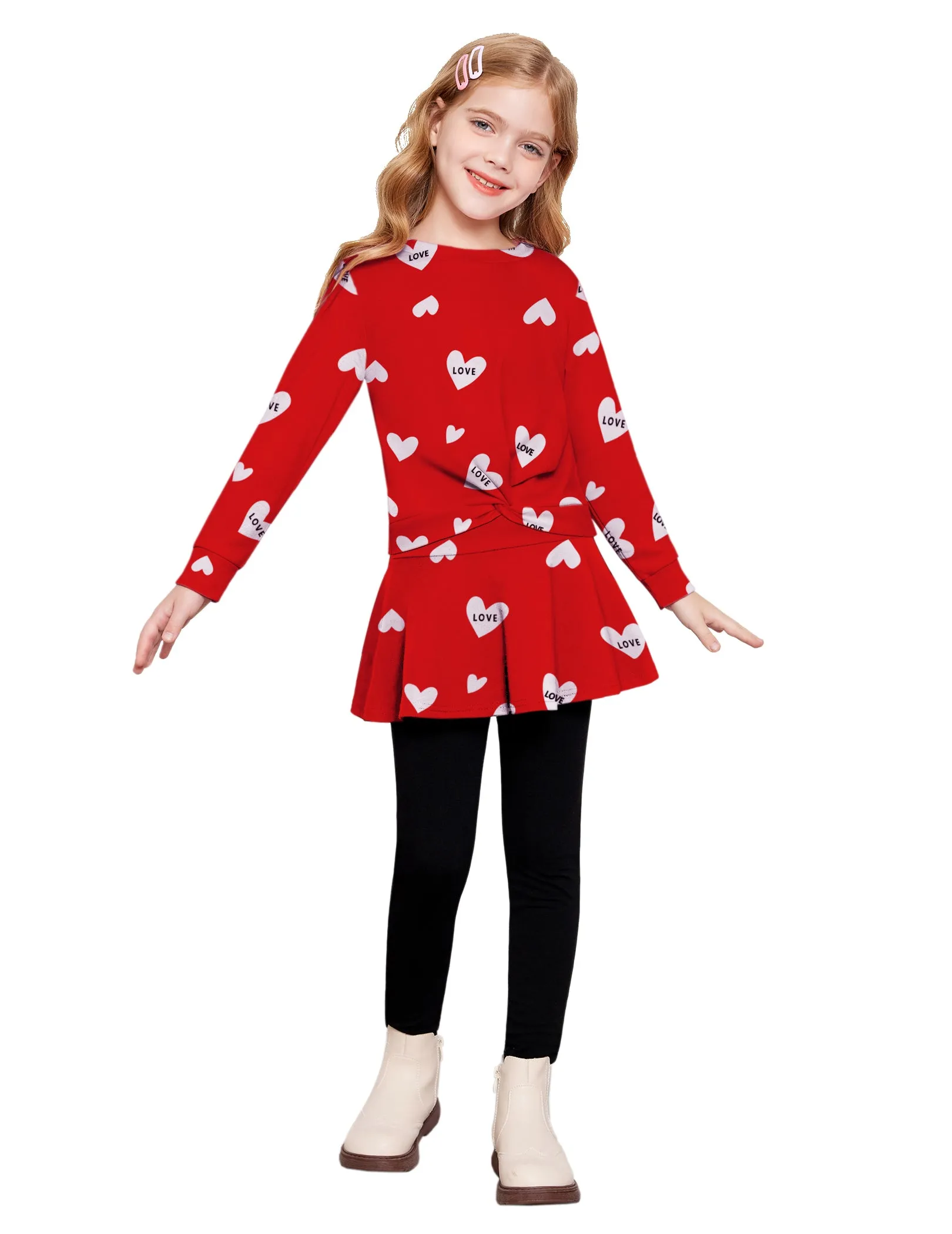 Arshiner Girls Skirt Set Casual Heart Print Twist Front Tops and Pant Skirts