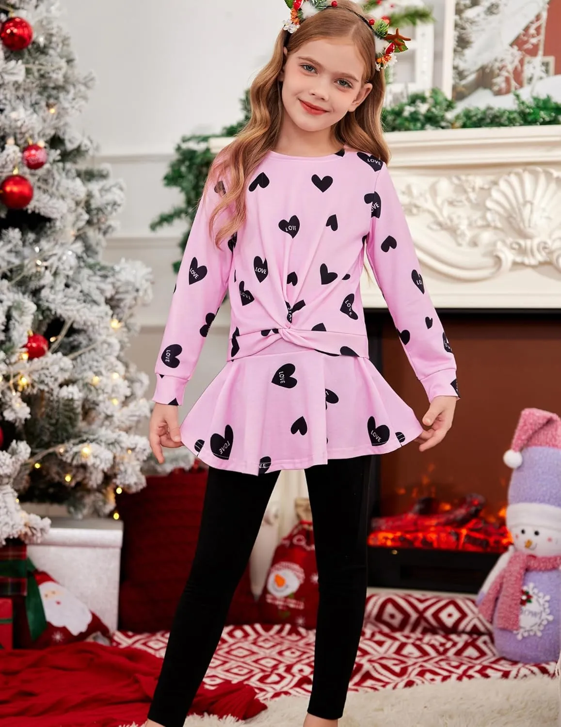 Arshiner Girls Skirt Set Casual Heart Print Twist Front Tops and Pant Skirts