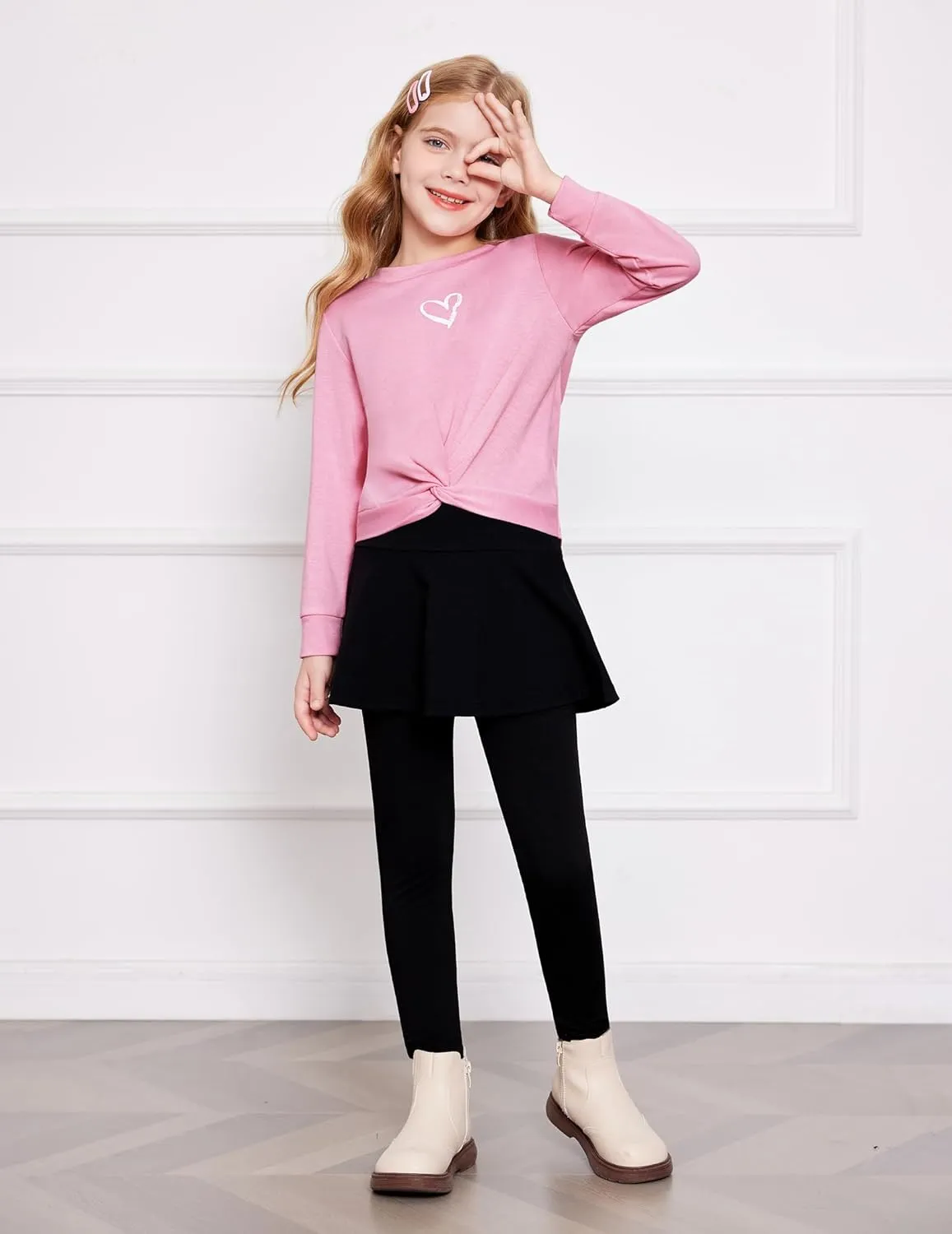 Arshiner Girls Skirt Set Casual Heart Print Twist Front Tops and Pant Skirts