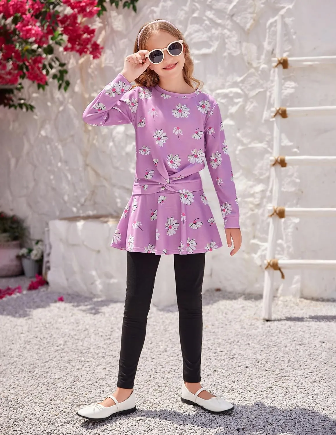 Arshiner Girls Skirt Set Casual Heart Print Twist Front Tops and Pant Skirts
