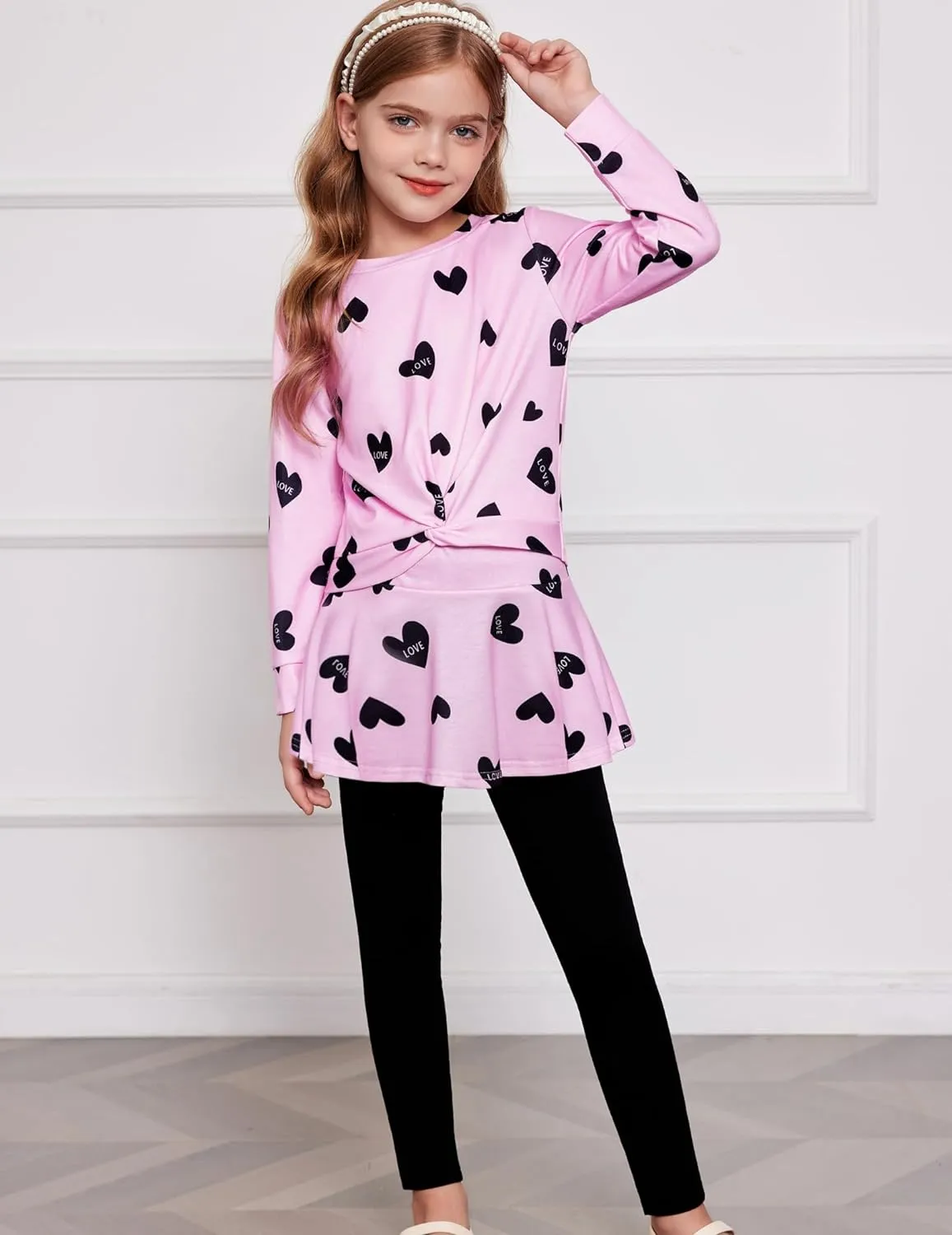 Arshiner Girls Skirt Set Casual Heart Print Twist Front Tops and Pant Skirts