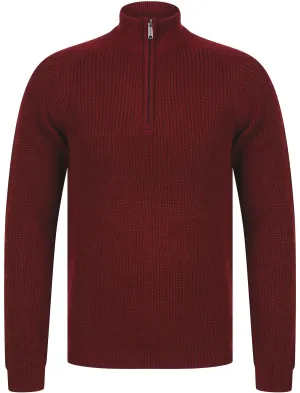 Asteroid Half Zip Funnel Neck Wool Blend Knitted Jumper in Oxblood - Dissident