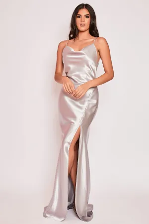 Aurora - Silver Satin Backless Cowl Neck Evening Dress