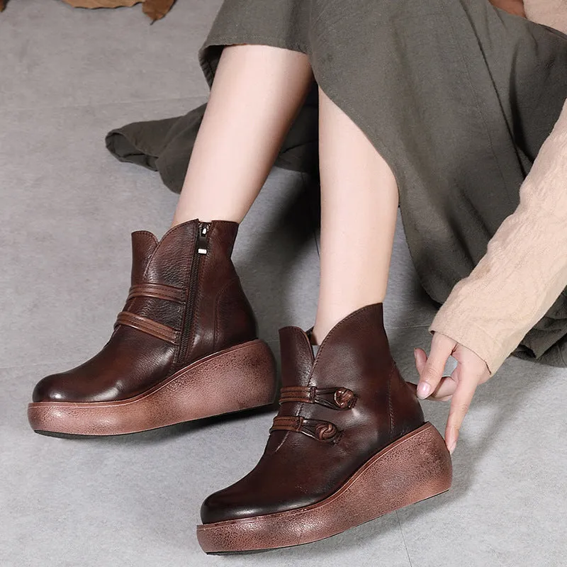 Autumn Winter Handmade Leather Retro Wedges Boots
