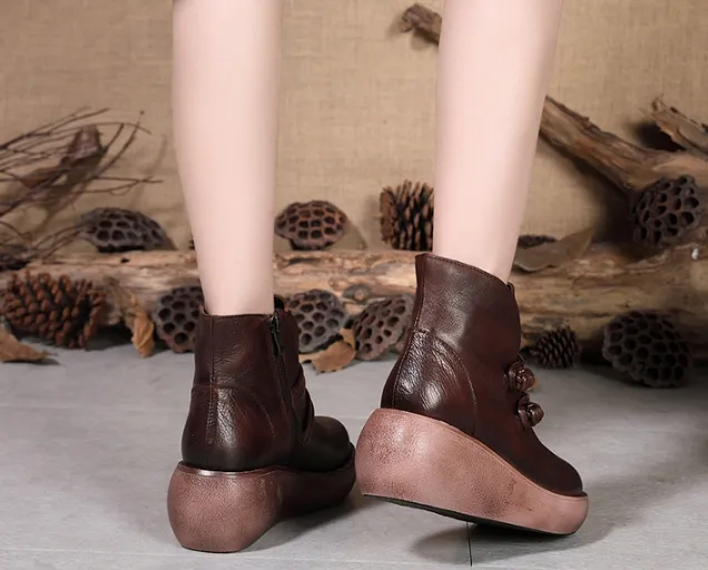 Autumn Winter Handmade Leather Retro Wedges Boots
