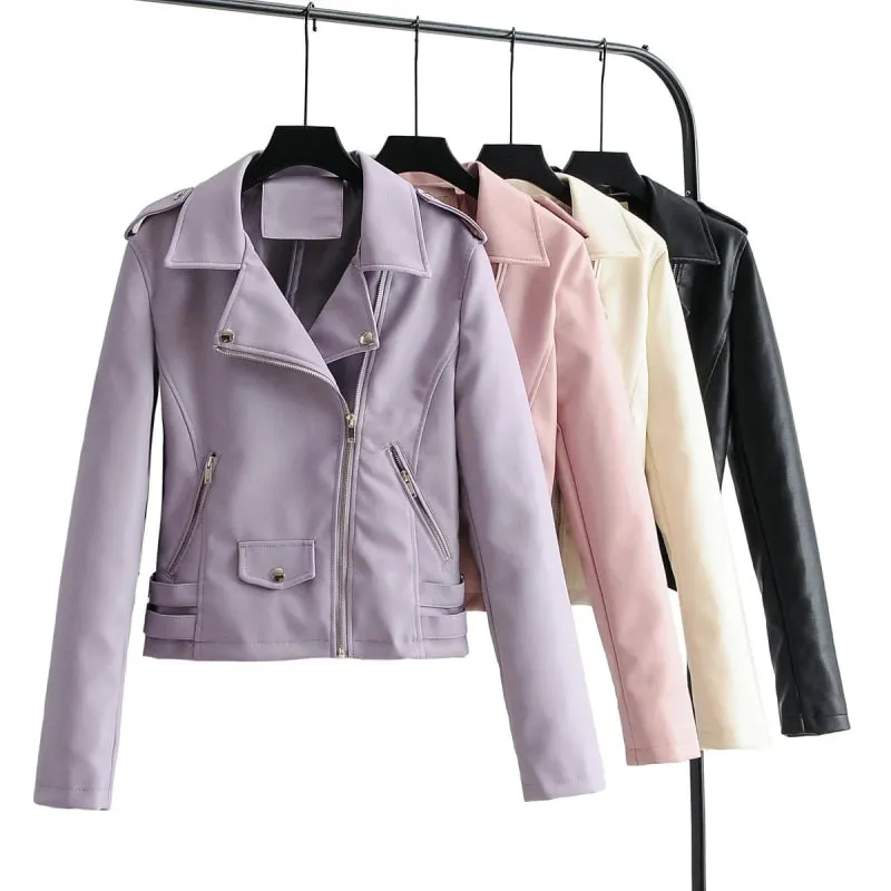 Autumn Women Chic Vogue Purple Side Belt Leather Jacket Rivet