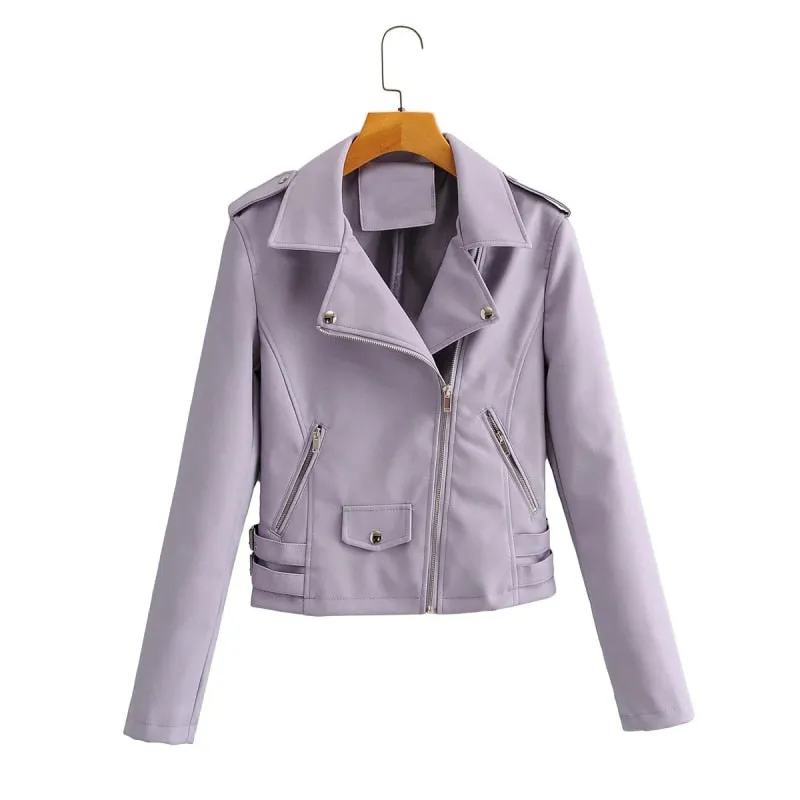 Autumn Women Chic Vogue Purple Side Belt Leather Jacket Rivet