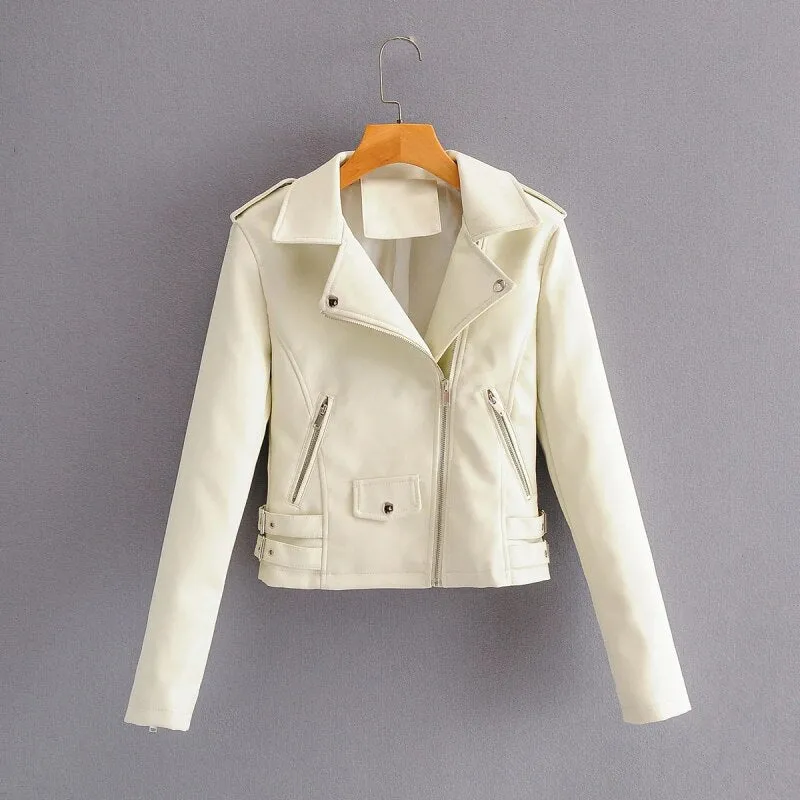 Autumn Women Chic Vogue Purple Side Belt Leather Jacket Rivet