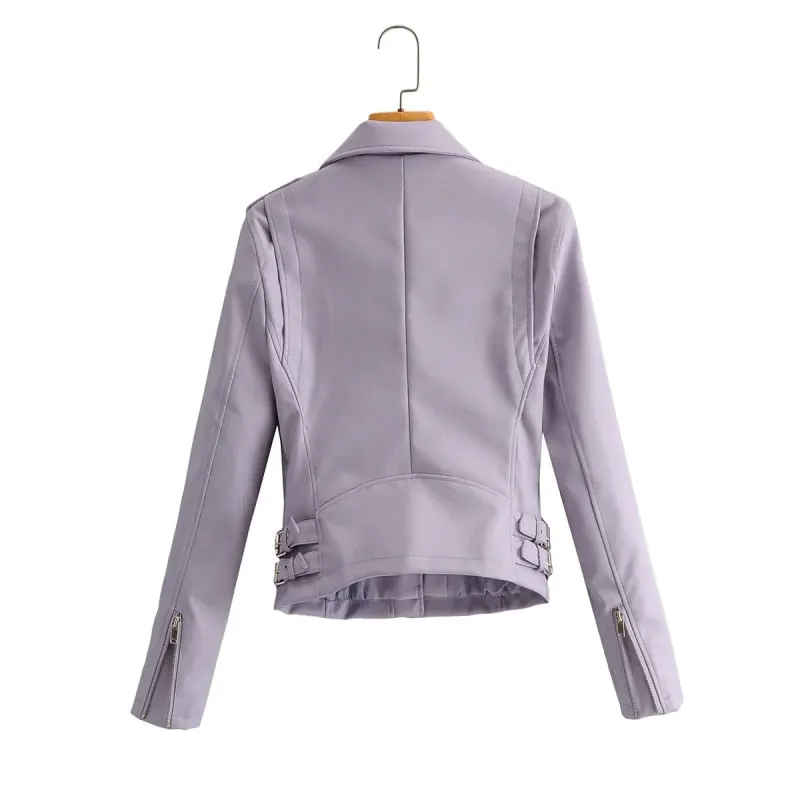 Autumn Women Chic Vogue Purple Side Belt Leather Jacket Rivet