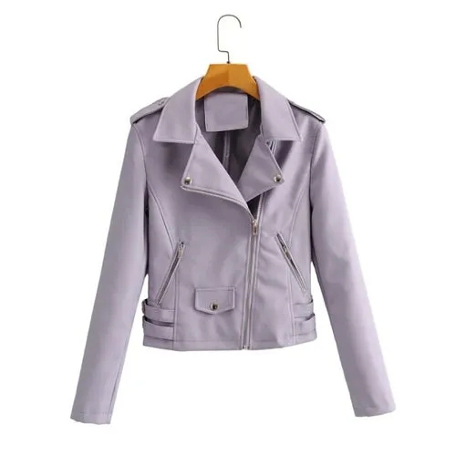 Autumn Women Chic Vogue Purple Side Belt Leather Jacket Rivet