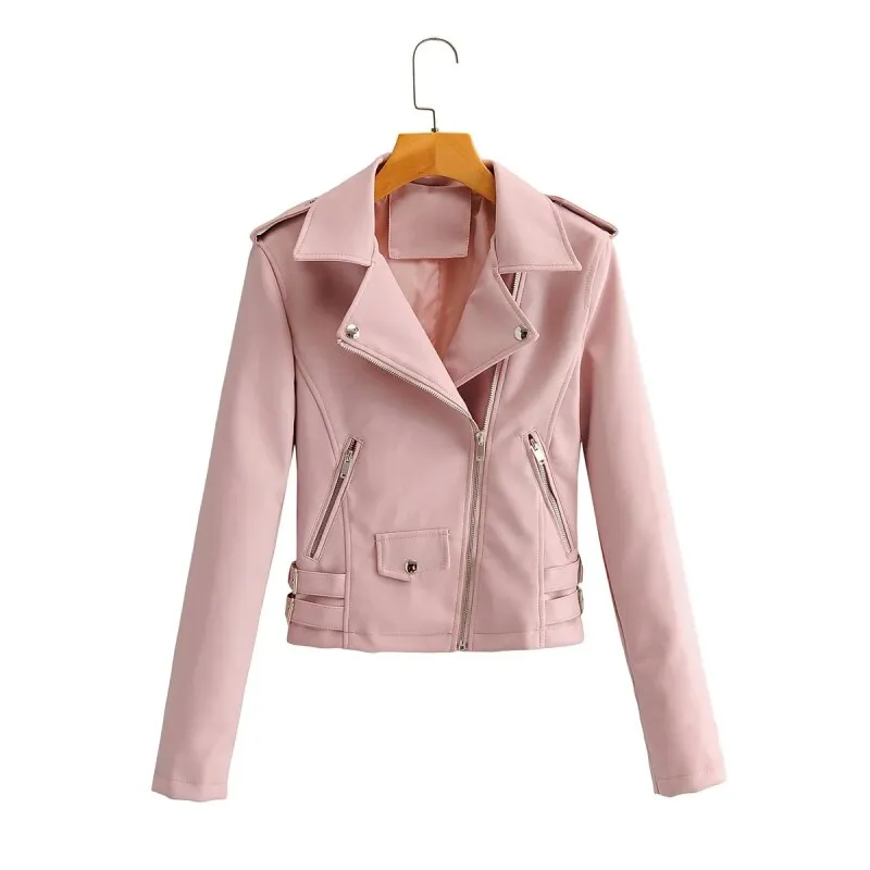 Autumn Women Chic Vogue Purple Side Belt Leather Jacket Rivet