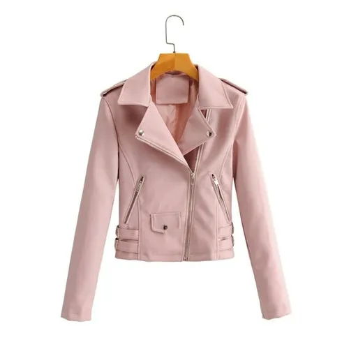 Autumn Women Chic Vogue Purple Side Belt Leather Jacket Rivet