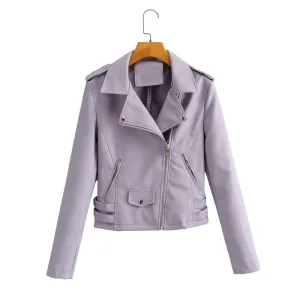 Autumn Women Chic Vogue Purple Side Belt Leather Jacket Rivet