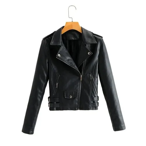 Autumn Women Chic Vogue Purple Side Belt Leather Jacket Rivet