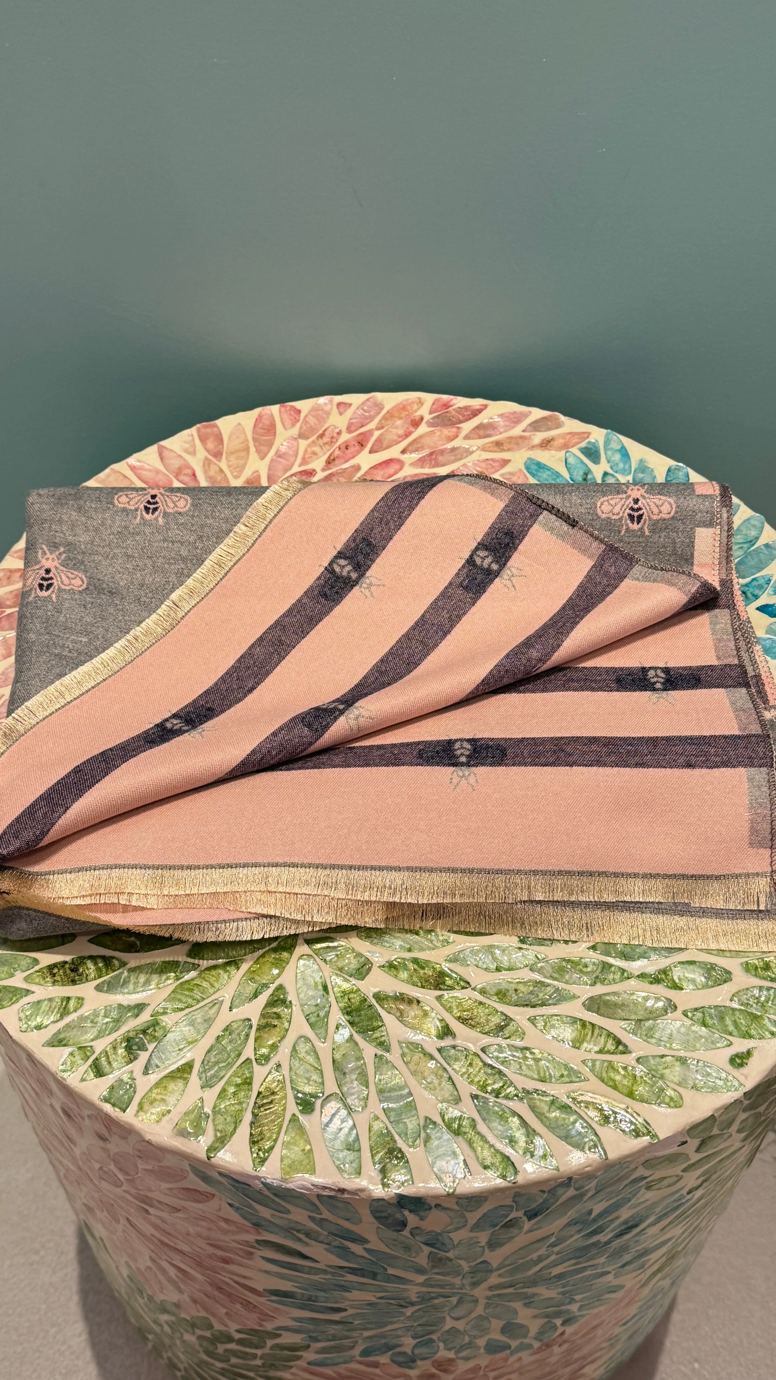 Bee Print Scarf - Grey with pale pink and navy