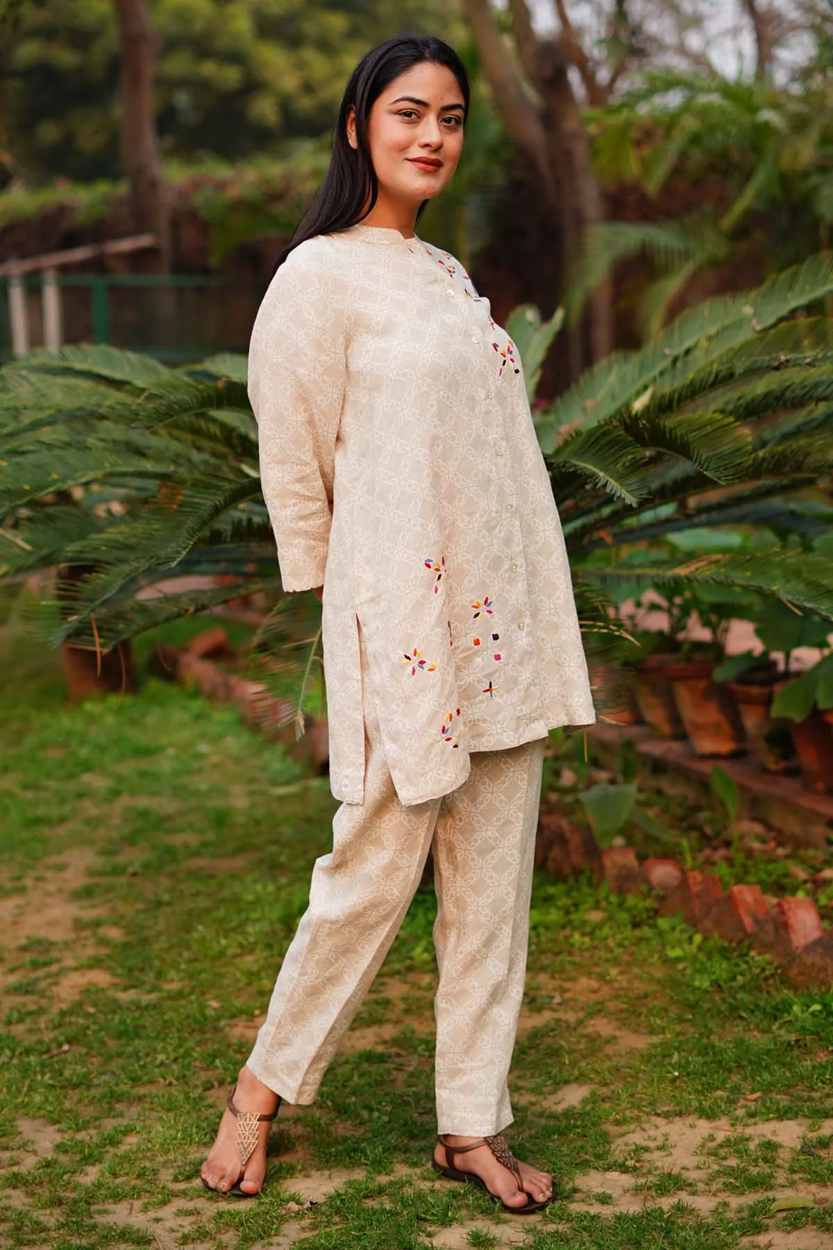 Beige Star Print Linen Pants