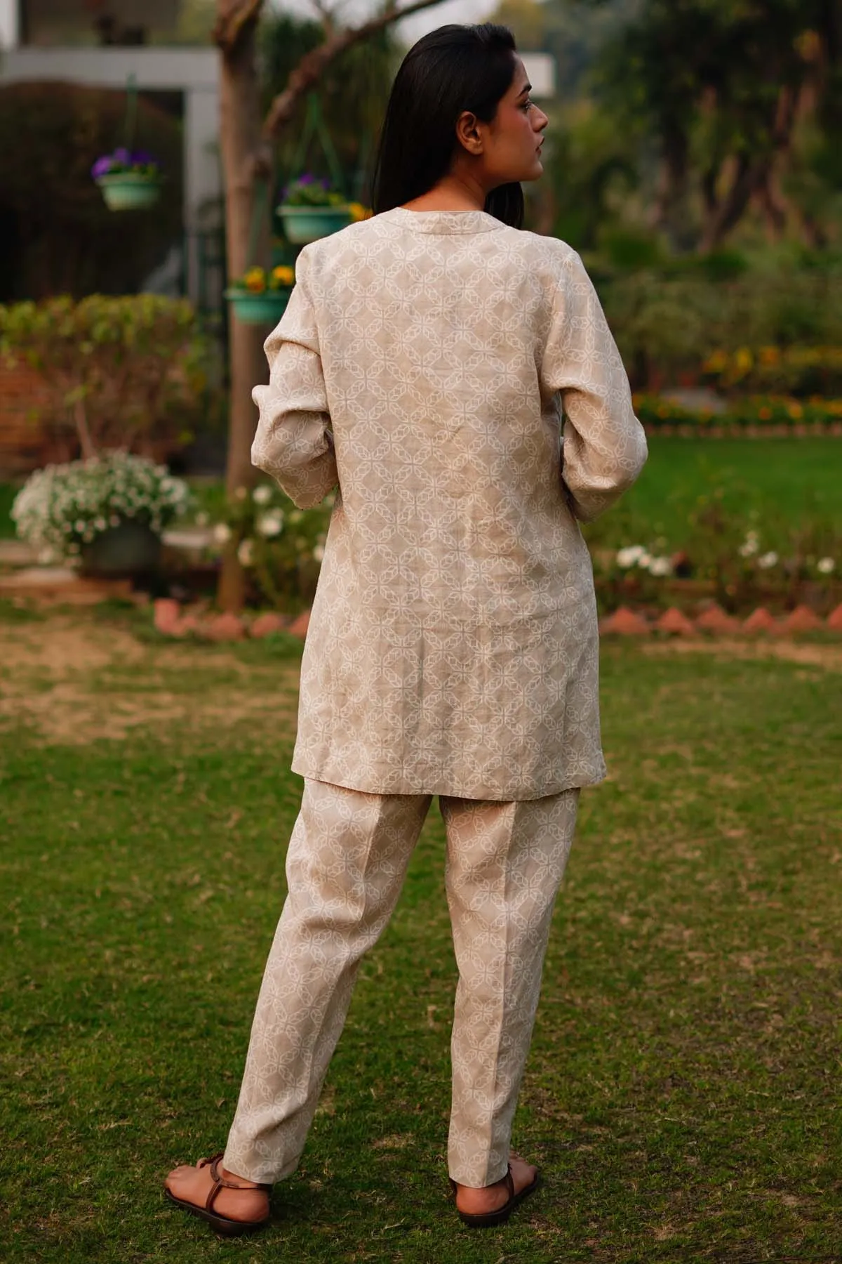 Beige Star Print Linen Pants