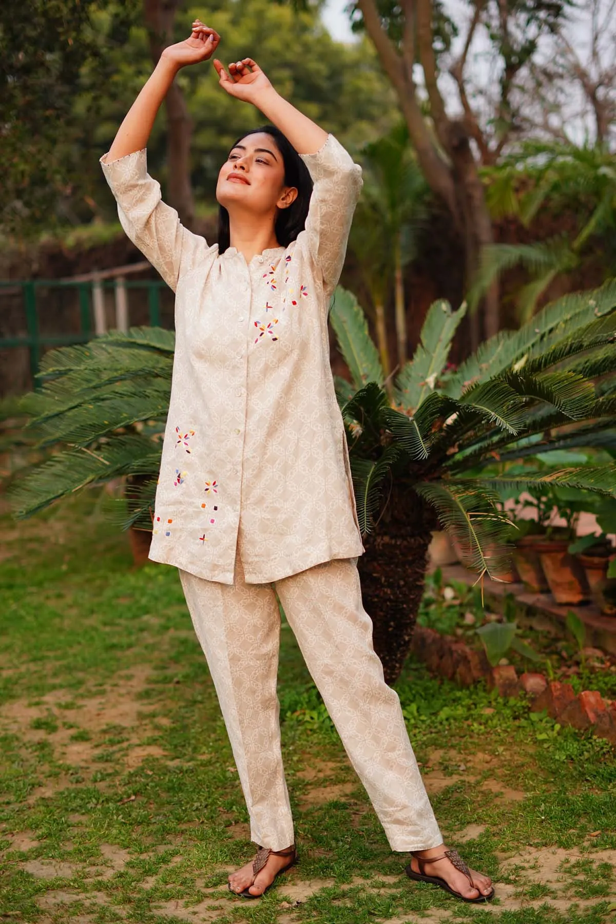 Beige Star Print Linen Pants