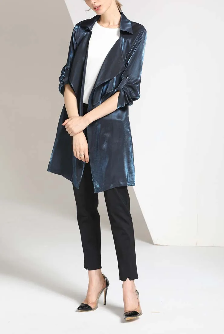 Blue Velvet Waist Belted Trench Coat