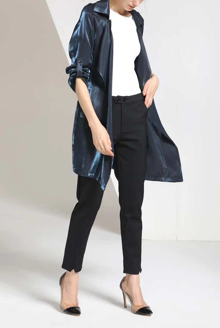 Blue Velvet Waist Belted Trench Coat