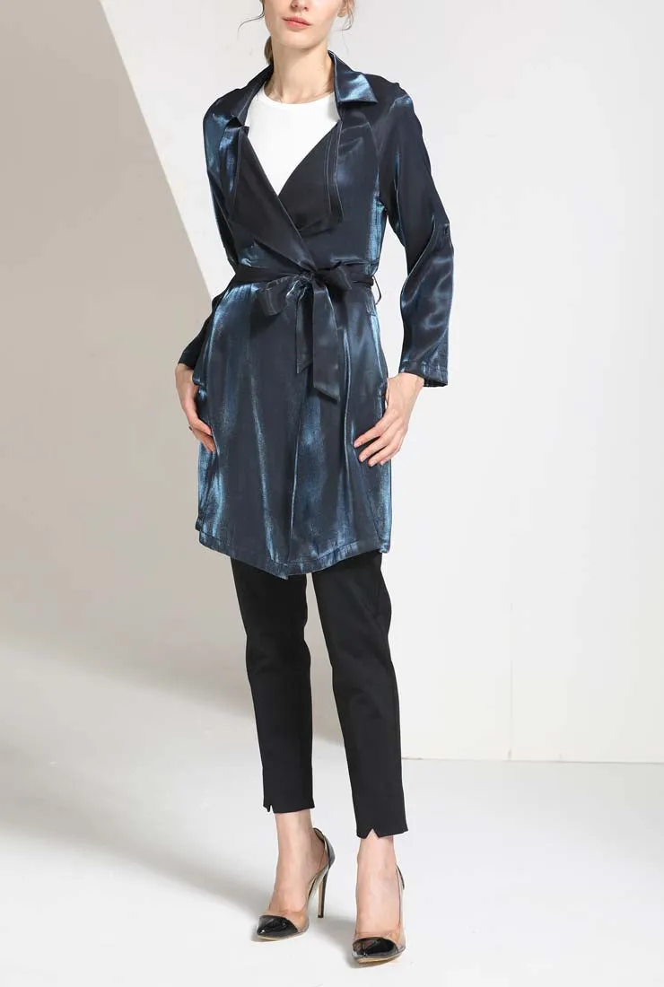 Blue Velvet Waist Belted Trench Coat