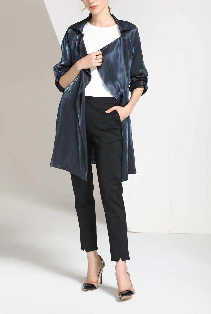 Blue Velvet Waist Belted Trench Coat