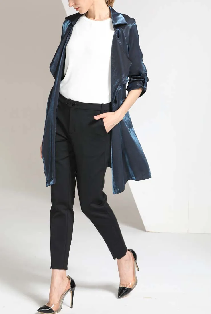 Blue Velvet Waist Belted Trench Coat