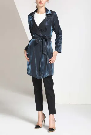 Blue Velvet Waist Belted Trench Coat