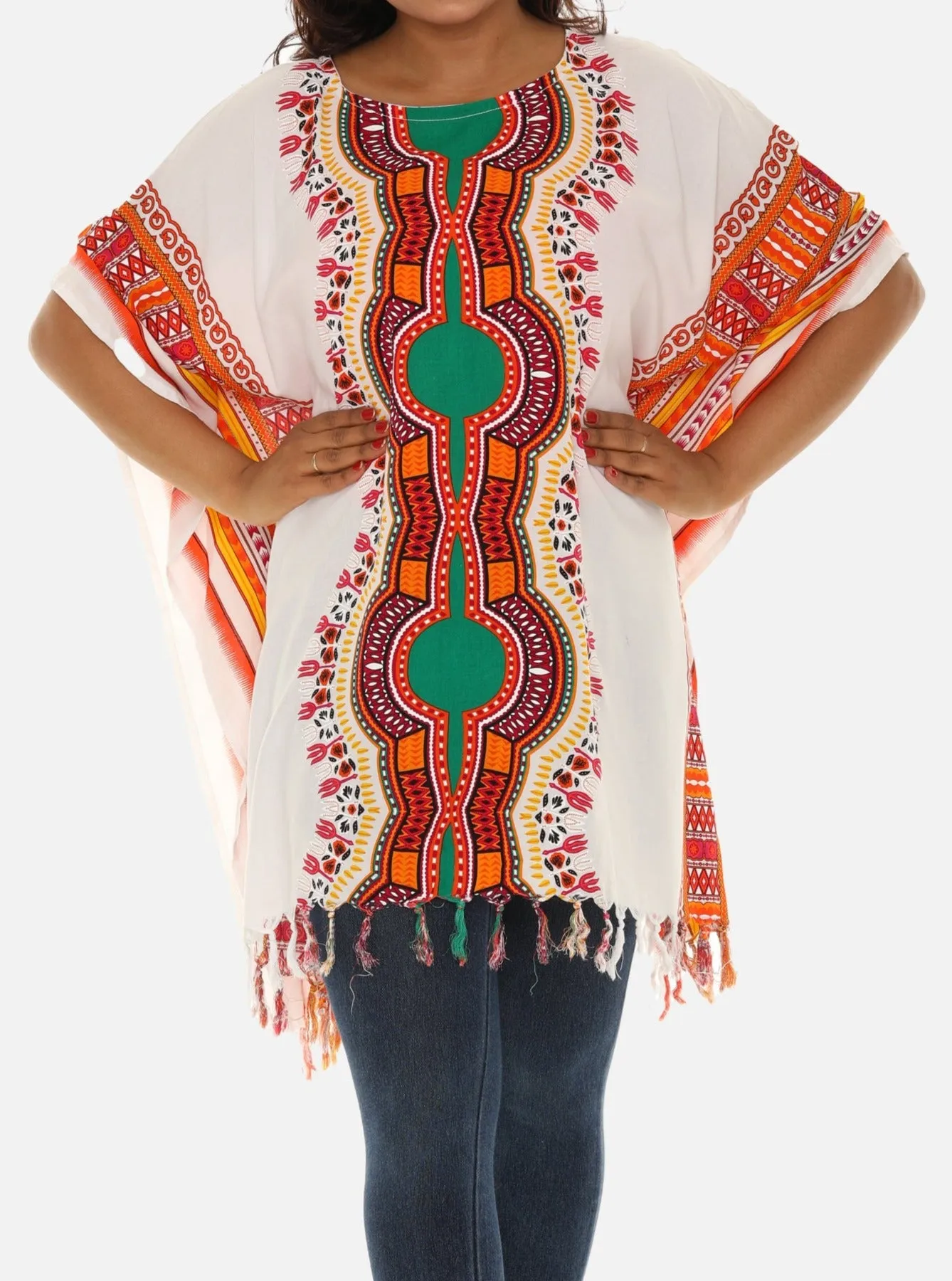 Bohemian Breeze: White Cotton Caftan with Multi-Colored Tribal Print and Tassels