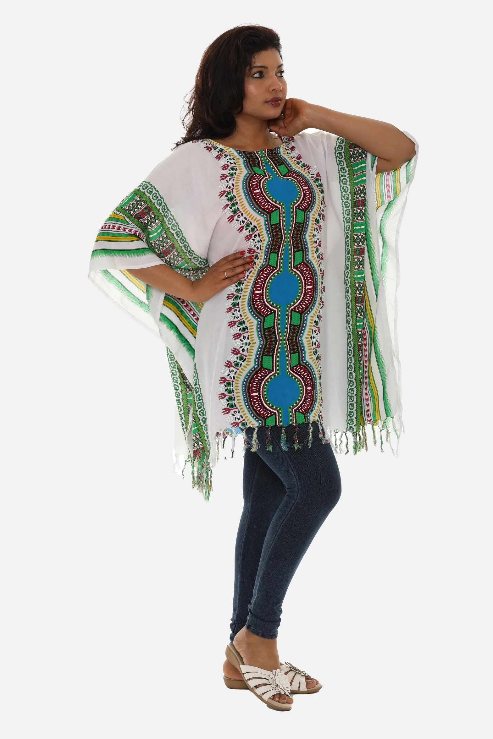 Bohemian Breeze: White Cotton Caftan with Multi-Colored Tribal Print and Tassels