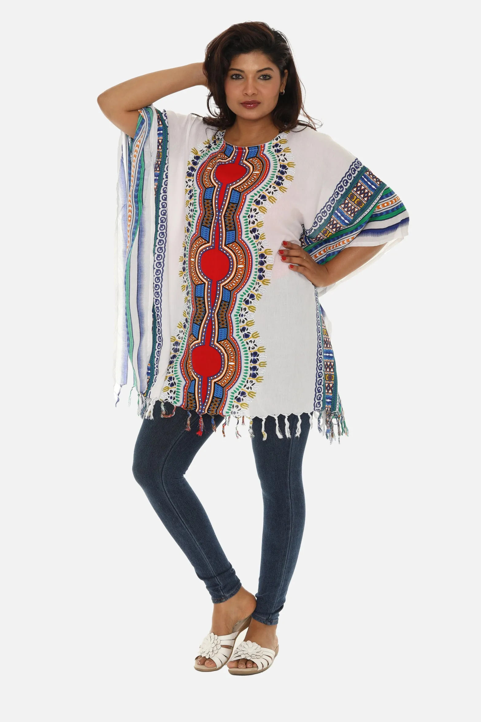 Bohemian Breeze: White Cotton Caftan with Multi-Colored Tribal Print and Tassels