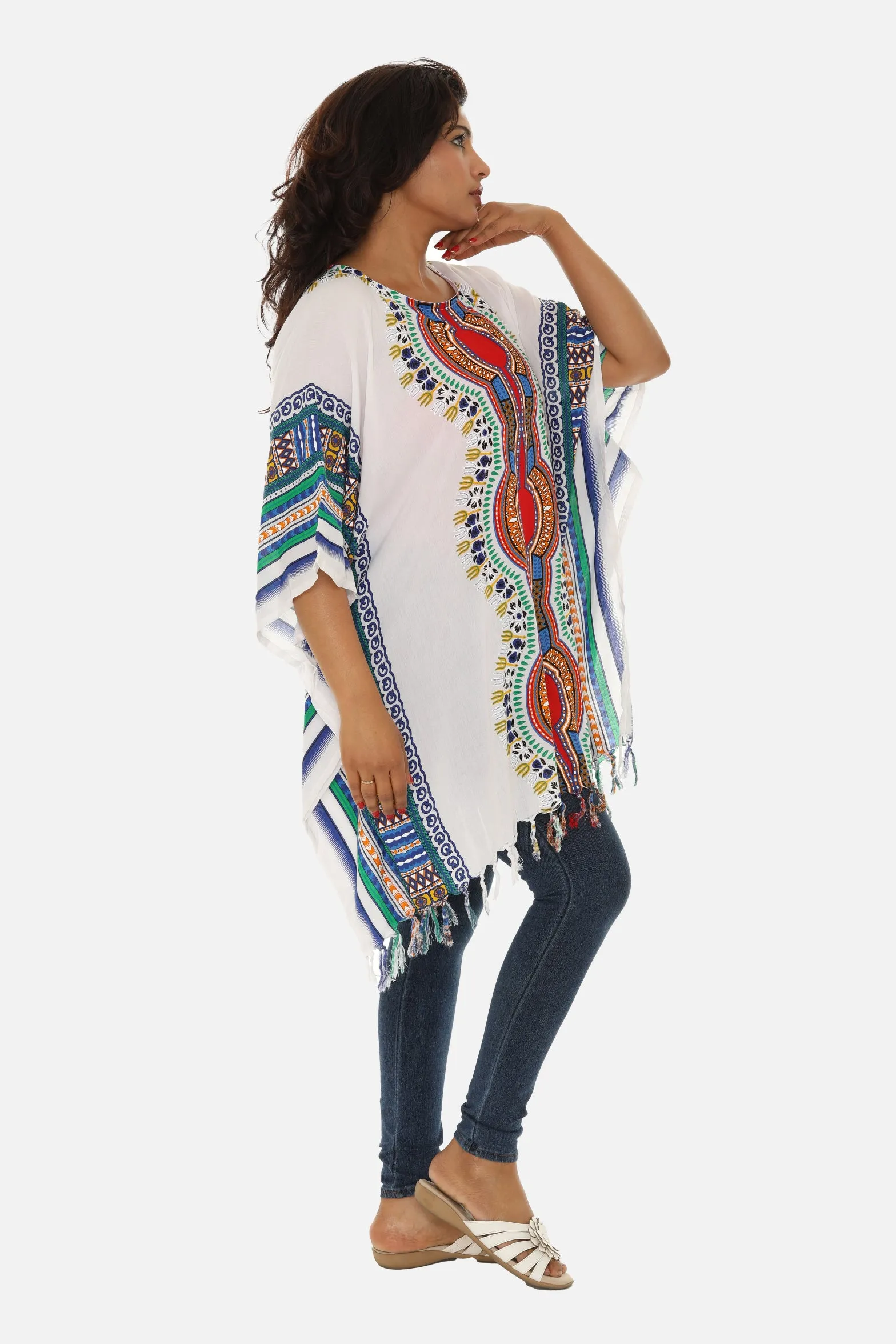 Bohemian Breeze: White Cotton Caftan with Multi-Colored Tribal Print and Tassels