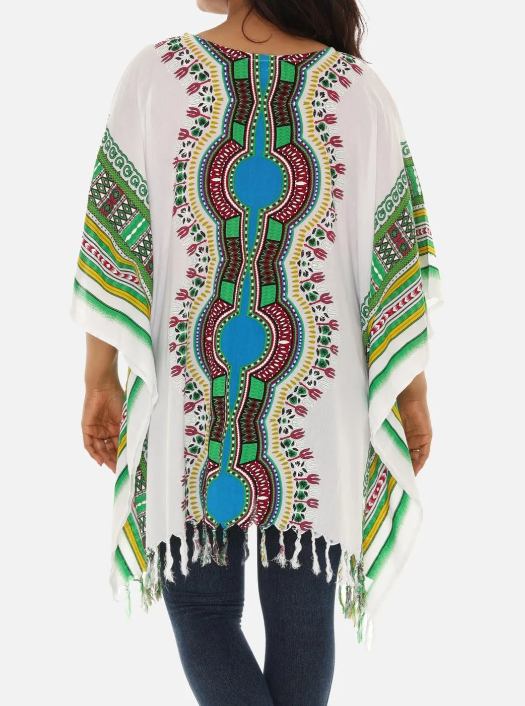 Bohemian Breeze: White Cotton Caftan with Multi-Colored Tribal Print and Tassels